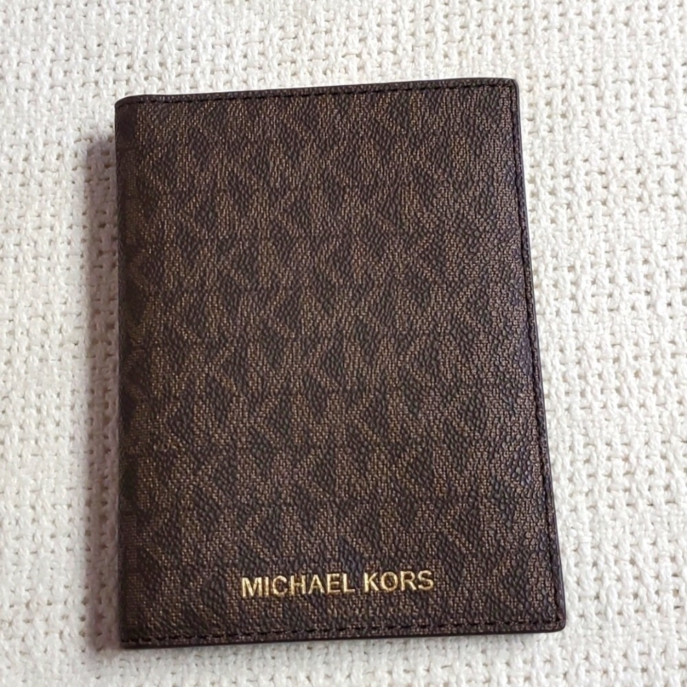 Michael Kors Brown Signature Logo Passport Holder Bifold Wallet Case